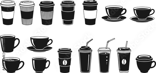 Coffee cup and takeaway mug silhouette vector illustration set, hot drink beverage icons collection, cafe espresso latte symbols, black minimal kitchen design