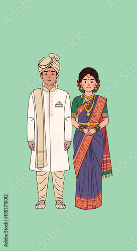An illustrated Indian couple dressed in traditional wedding attire, with the groom in a sherwani and the bride in a sari.
