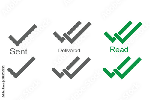 Message app sent, delivered, read icon set. Message check mark icons. Double checked symbol. Messaging status symbol. Send message tick sign. stock illustration