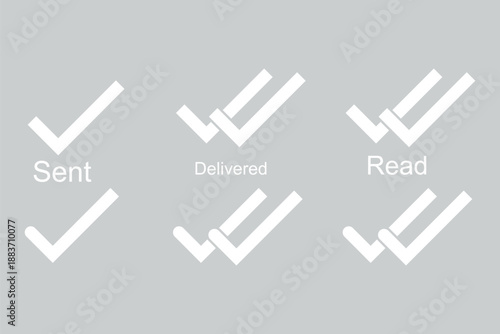 Message app sent, delivered, read icon set. Message check mark icons. Double checked symbol. Messaging status symbol. Send message tick sign. stock illustration
