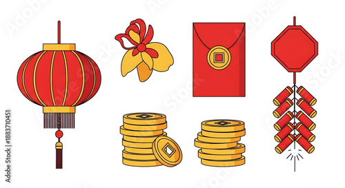 Vibrant Chinese New Year celebration with lantern, gold ingots, red envelopes, and festive decorations