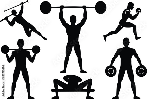 Silhouettes of athletes performing various weightlifting and strength training exercises