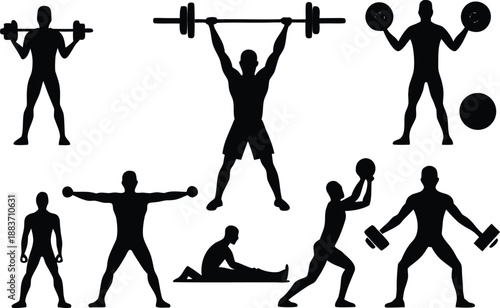 Silhouettes of men exercising with weights and equipment