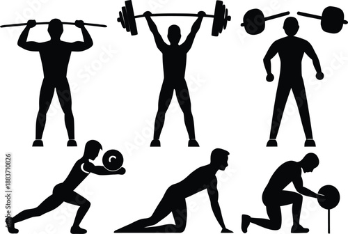 Silhouettes of people exercising with weights