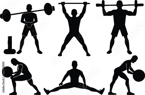 Silhouettes of men engaged in various weightlifting and stretching exercises