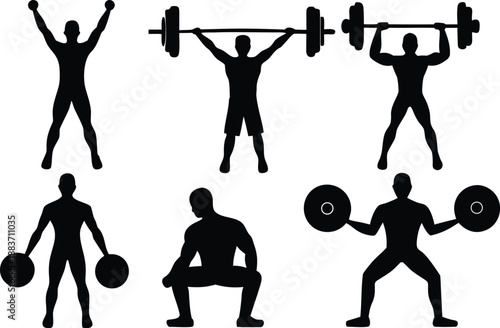 Silhouettes of athletes performing weightlifting exercises