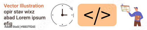 Productivity, programming, coding, education, time management, development. An analog clock, coding symbols and person presenting content. Time management and programming concepts