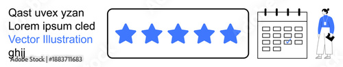 Customer satisfaction, business reviews, planning, evaluation, feedback, scheduling. Five blue stars, a calendar and a professional figure illustration. Customer satisfaction and business reviews