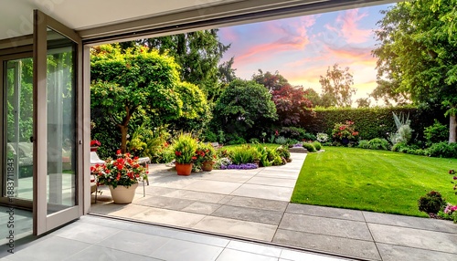 A scenic outdoor view with a tiled patio leading to a vibrant, flourishing garden under a colorful sunset