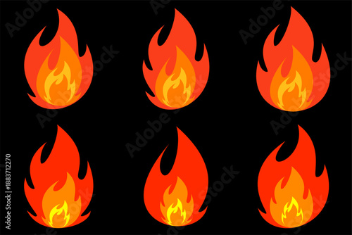 various imaginary shapes of burning fireballs, isolated flat on black background.vector