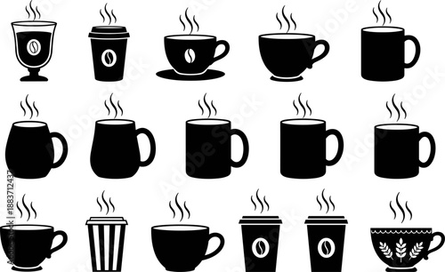 Wallpaper Mural Coffee cup silhouette vector set, hot beverage mugs espresso cups and takeaway drink icons collection for cafe branding and menu design isolated on white background Torontodigital.ca