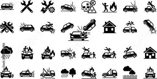 Collection of black icons representing car accidents, auto insurance, fire damage, natural disasters, and repair service warnings vector illustration set