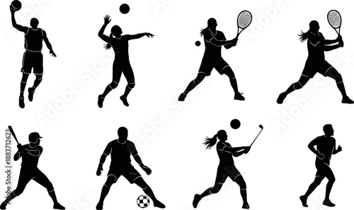 Collection of Dynamic Sport Figure Silhouettes Playing Basketball, Volleyball, Tennis, Baseball, Soccer, and Golf for Athletic Training, Competition, and Active Lifestyle Vector Illustration