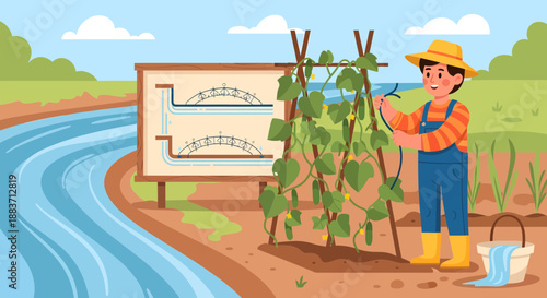 Farmer inspecting plant growth near water canal