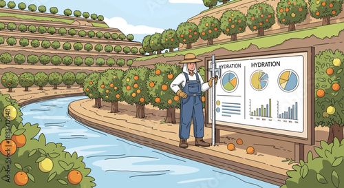 Farmer reviewing irrigation system efficiency charts
