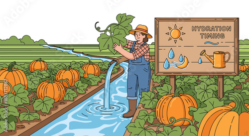 Farmer Watering Pumpkins in a Field