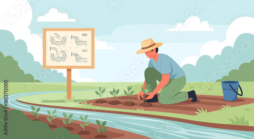 Man planting a young tree in a garden with a sign