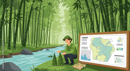 Man Planting Sapling by Forest Stream with Map