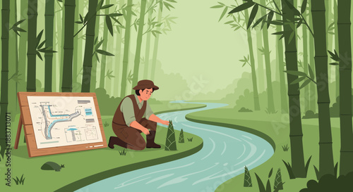 Man studying a river with a map in a serene forest