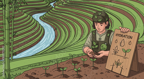 Soldier planting a seedling in a terraced field with hydration sign