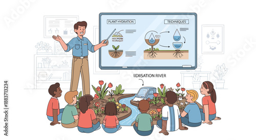 Teacher explaining irrigation systems to students in a garden