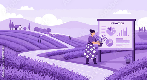 Woman analyzing irrigation systems in a lavender field