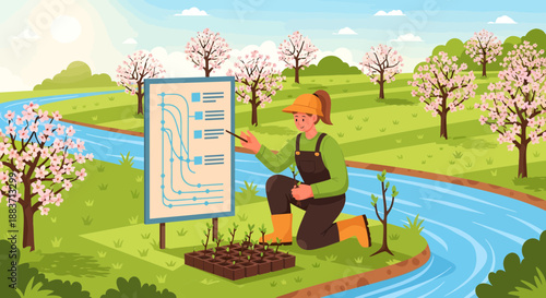 Woman designing efficient irrigation system for orchard