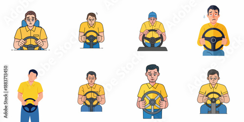 Set of Illustrations Showing Exhausted Male Drivers Suffering from Fatigue, Stress, and Sleep Deprivation While Holding a Steering Wheel.