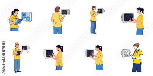 Healthcare Professionals Monitoring Vital Signs: A Collection of Illustrations Featuring Nurses Checking Cardiac Monitors and Recording Patient Data.