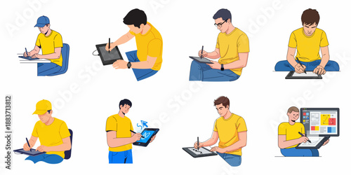 Digital artist working with various graphics tablets. Set of vector illustrations depicting creative workflow, drawing, and UI/UX design.