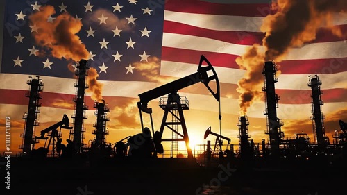 Oil pumps and refineries against the American flag at sunset.