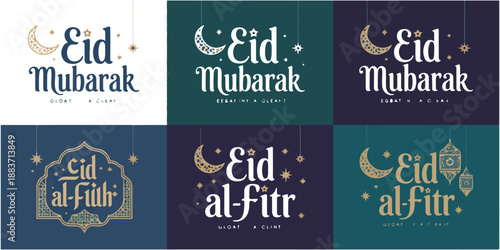 Eid mubarak and eid al fitr greeting typography design collection with crescent moon stars