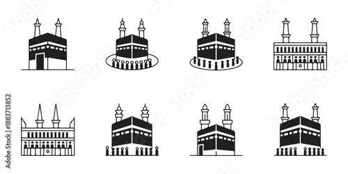 Holy kaaba and masjid al haram mosque architecture icons for islamic pilgrimage travel guide