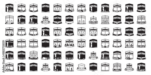 Mecca kaaba pilgrimage icons set with various perspective views for hajj and umrah travel app