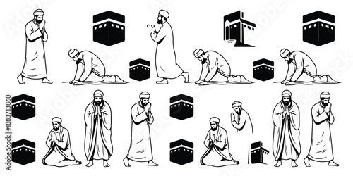 Muslim pilgrims hajj or umrah collection set, men in ihram praying poses and kaaba building vector