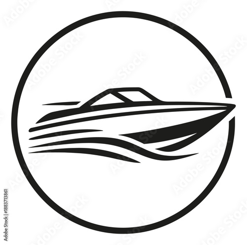 Stylized line art illustration of a speed boat in a circle depicting movement on water for marine activities