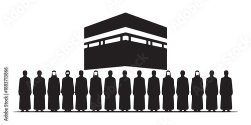 Muslim people in ihram in front of kaaba hajj pilgrimage icon islam sacred building vector