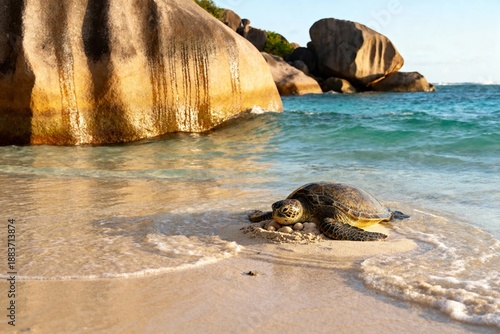 Sea turtle resting on sandy beach near turquoise water and large rocks