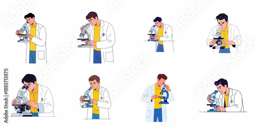 Set of vector illustrations featuring male scientists using microscopes, conducting scientific research, analysis, medicine, and laboratory experiments.