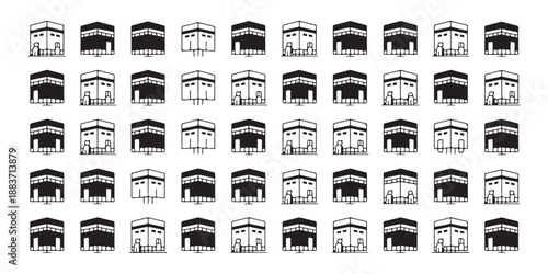 Kaaba building simple outline and filled icon set, black and white islamic sacred symbol vector
