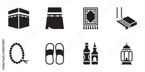 Solid silhouette icons for hajj pilgrimage items including kaaba prayer mat and lantern