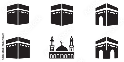 Black and white kaaba illustration set with mosque dome and minaret silhouette for eid mubarak