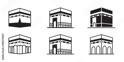 Holy kaaba icons collection featuring different architectural details and perspective for hajj