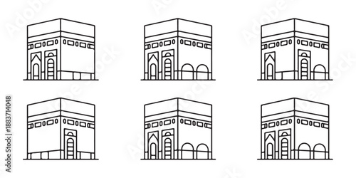 Kaaba icon symbol in line art style vector set for hajj and umrah pilgrimage design