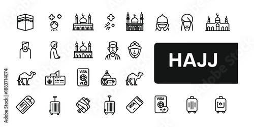 Hajj and umrah pilgrimage vector icon set for islamic holiday and religious travel design