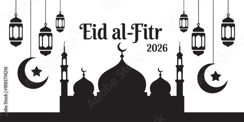 Eid al fitr 2026 celebration banner with mosque silhouette lanterns and crescent moon stars