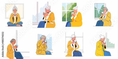 Cozy Senior Morning Routine: Collection of Illustrations of an Elderly Woman Enjoying Hot Tea by the Window for Relaxation.