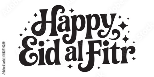 Happy eid al fitr vector hand lettering with decorative stars black and white design