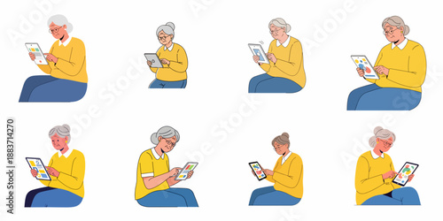 Senior Women Using Tablet Devices Illustration Set: Elderly Grandmothers Engaged in Digital Technology, Learning, and Communication.