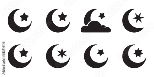Simple black crescent moon and star icons set for night time weather weather design
